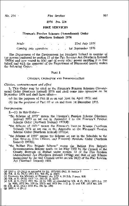 The Firemen's Pension Schemes (Amendment) Order (Northern Ireland) 1976