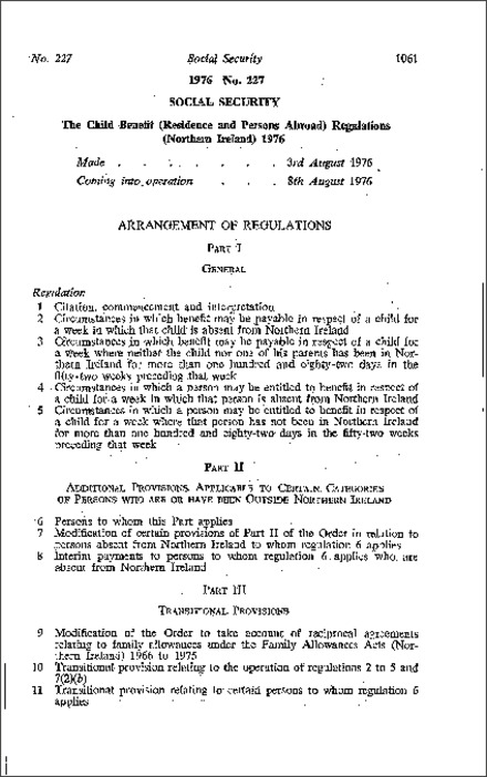 The Child Benefit (Residence and Persons Abroad) Regulations (Northern Ireland) 1976