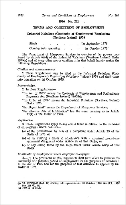The Industrial Relations (Continuity of Employment) Regulations (Northern Ireland) 1976