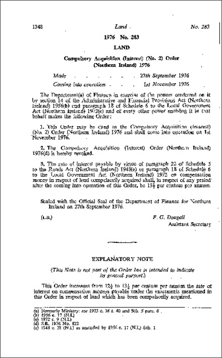The Compulsory Acquisition (Interest) (No. 2) Order (Northern Ireland) 1976