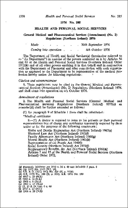 The General Medical and Pharmaceutical Services (Amendment) (No. 2) Regulations (Northern Ireland) 1976