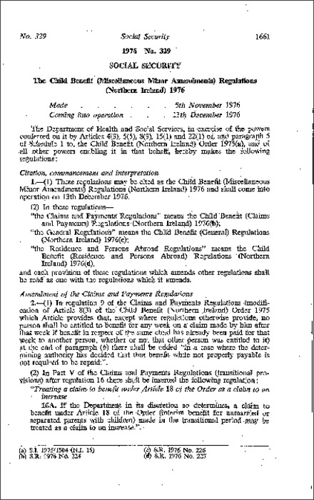 The Child Benefit (Miscellaneous Minor Amendment) Regulations (Northern Ireland) 1976