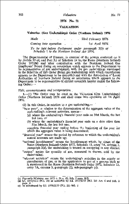 The Valuation (Gas Undertakings) Order (Northern Ireland) 1976