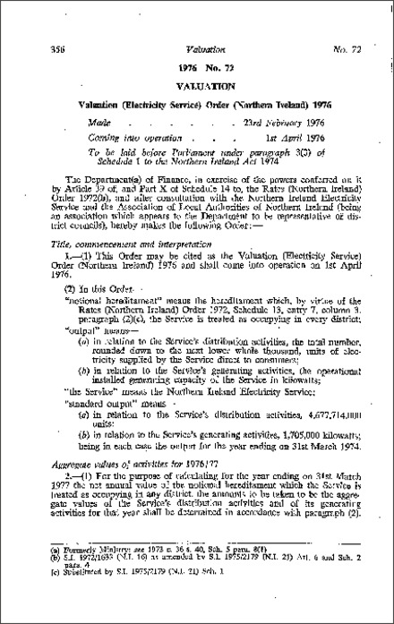 The Valuation (Electricity Service) Order (Northern Ireland) 1976