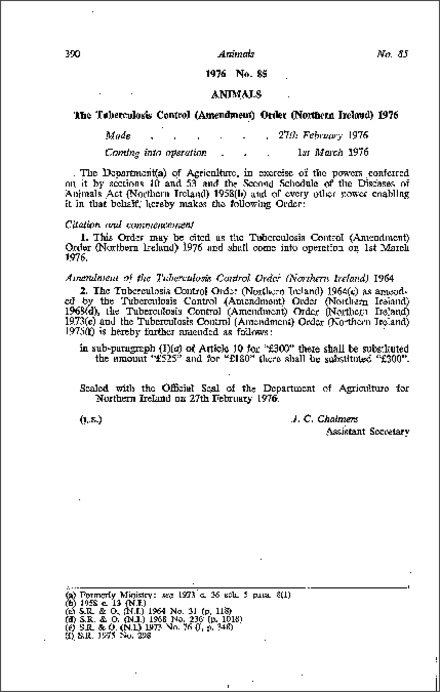 The Tuberculosis Control (Amendment) Order (Northern Ireland) 1976