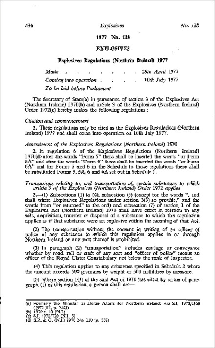 The Explosives Regulations (Northern Ireland) 1977