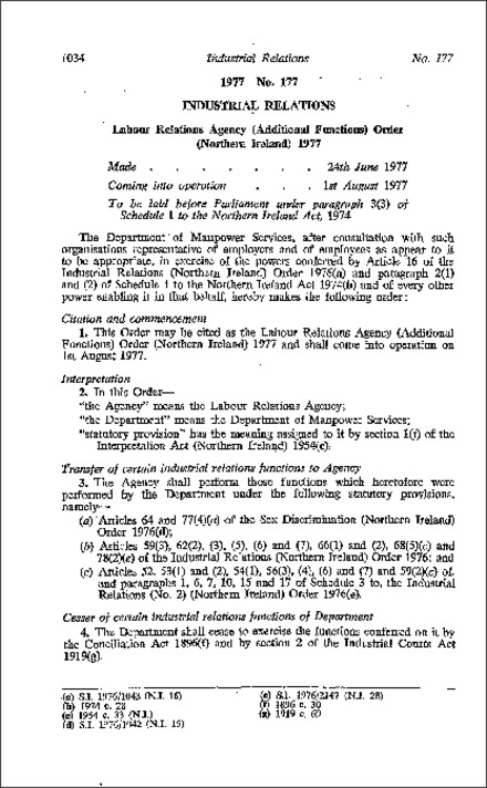 The Labour Relations Agency (Additional Functions) Order (Northern Ireland) 1977
