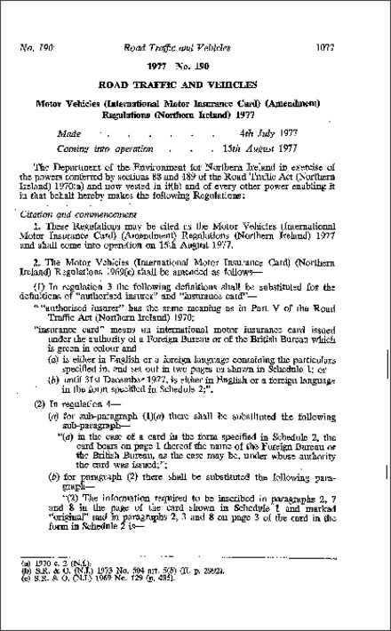 The Motor Vehicles (International Motor Insurance Card) (Amendment) Regulations (Northern Ireland) 1977