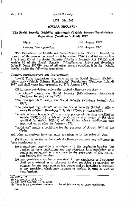 The Social Security (Mobility Allowance) (Vehicle Scheme Beneficiaries) Regulations (Northern Ireland) 1977