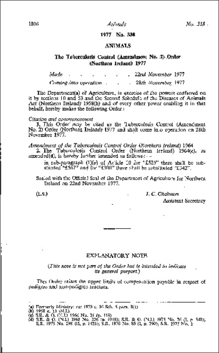 The Tuberculosis Control (Amendment No. 2) Order (Northern Ireland) 1977