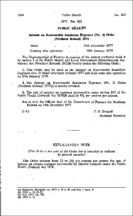 The Interest on Recoverable Sanitation Expenses (No. 3) Order (Northern Ireland) 1977