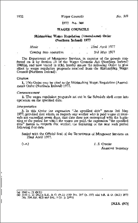 The Shirtmaking Wages Regulation (Amendment) Order (Northern Ireland) 1977