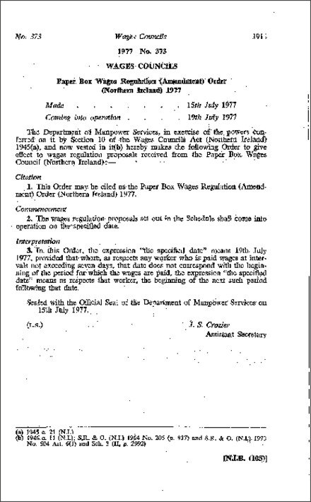 The Paper Box Wages Regulation (Amendment) Order (Northern Ireland) 1977