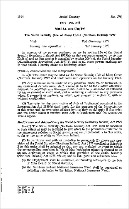 The Social Security (Isle of Man) Order (Northern Ireland) 1977