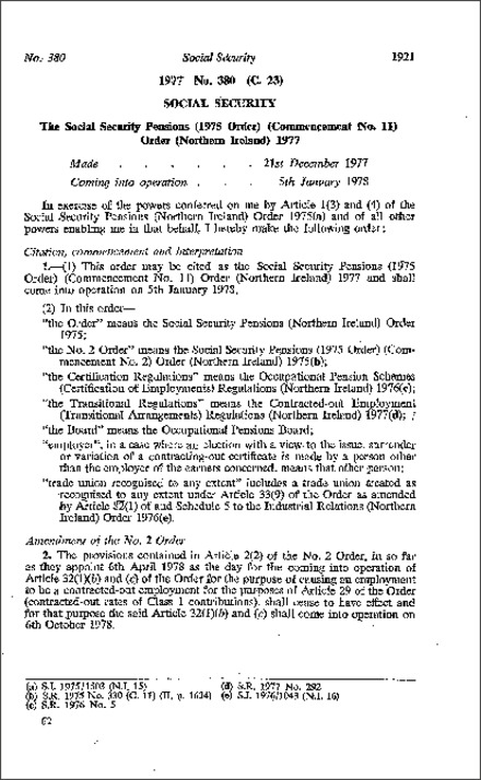 The Social Security Pensions (1975 Order) (Commencement No. 11) Order (Northern Ireland) 1977