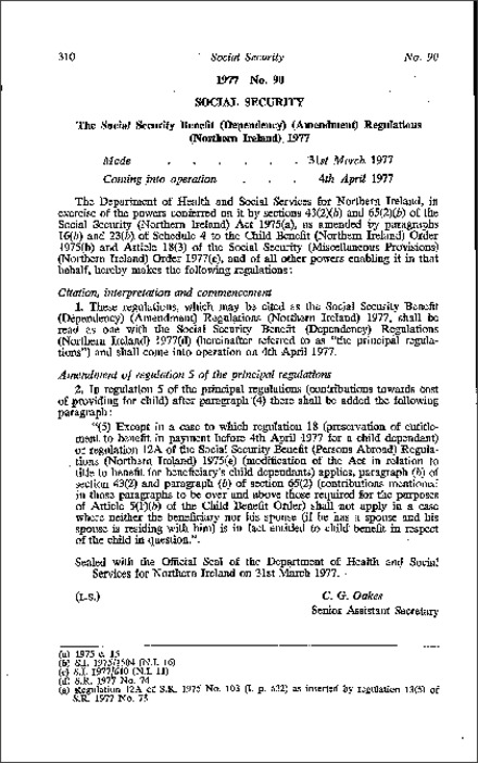 The Social Security Benefit (Dependency) (Amendment) Regulations (Northern Ireland) 1977