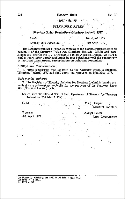 The Statutory Rules Regulations (Northern Ireland) 1977
