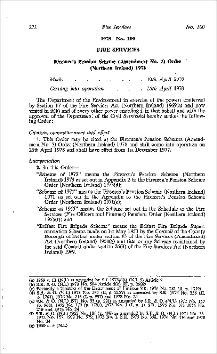 The Firemen' s (Pension Schemes) (Amendment No. 2) Order (Northern Ireland) 1978