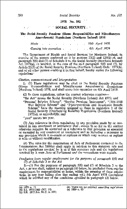 The Social Security Pensions (Home Responsibilities and Miscellaneous Amendment) Regulations (Northern Ireland) 1978
