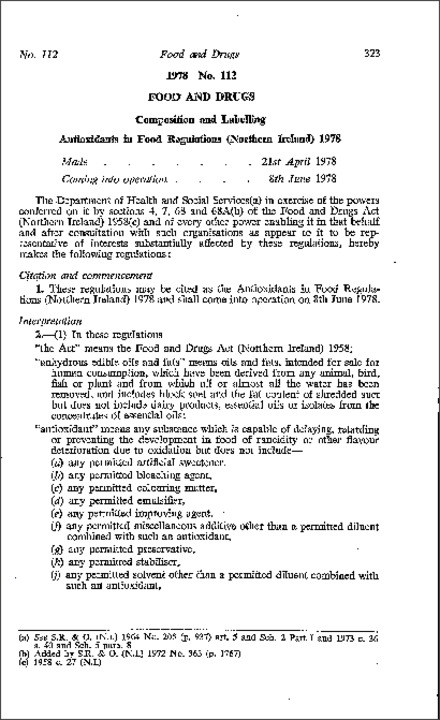 The Antioxidants in Food Regulations (Northern Ireland) 1978