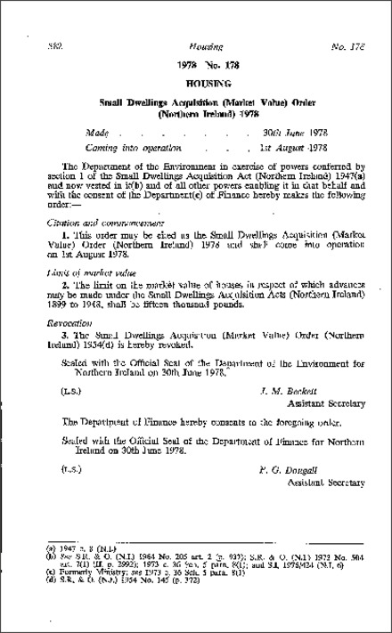 The Small Dwellings Acquisition (Market Value) Order (Northern Ireland) 1978