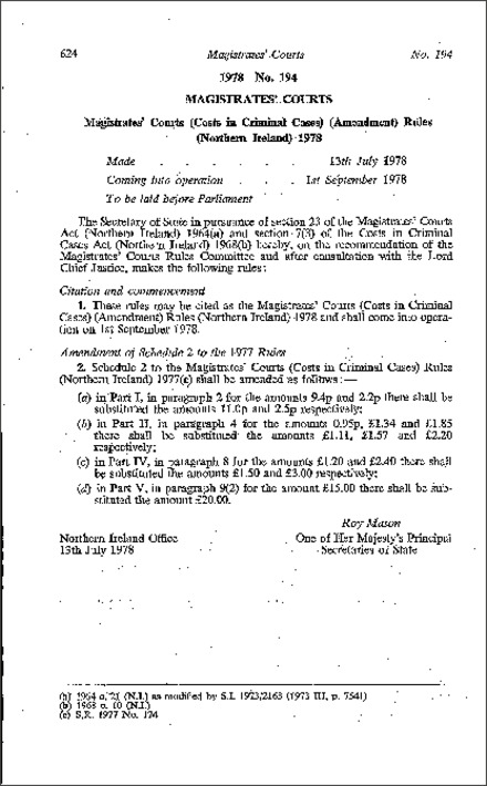 The Magistrates' Courts (Costs in Criminal Cases) (Amendment) Rules (Northern Ireland) 1978