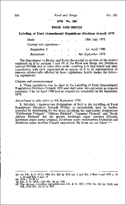 The Labelling of Food (Amendment) Regulations (Northern Ireland) 1978