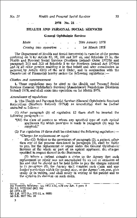 The Health and Personal Social Services (General Ophthalmic Services) (Amendment) Regulations (Northern Ireland) 1978