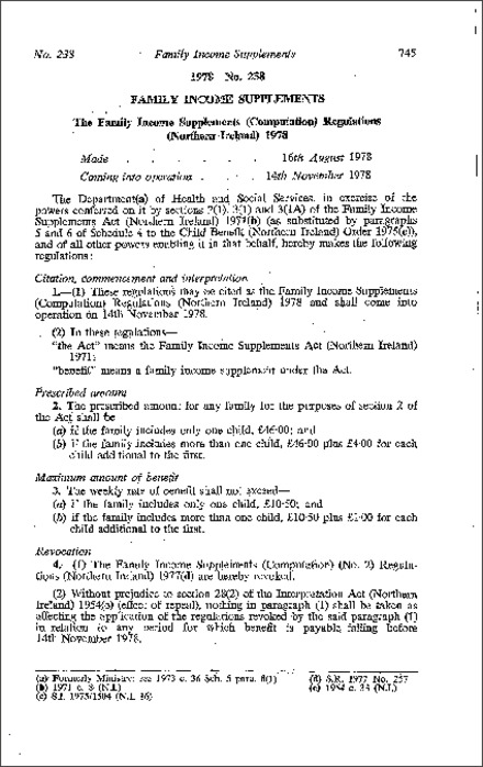 The Family Income Supplements (Computation) Regulations (Northern Ireland) 1978