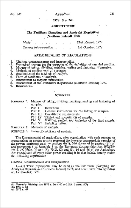 The Fertilisers (Sampling and Analysis) Regulations (Northern Ireland) 1978