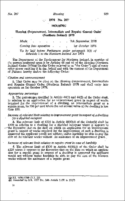 The Housing (Improvement, Intermediate and Repairs Grants) Order (Northern Ireland) 1978