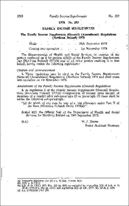 The Family Income Supplements (General) (Amendment) Regulations (Northern Ireland) 1978