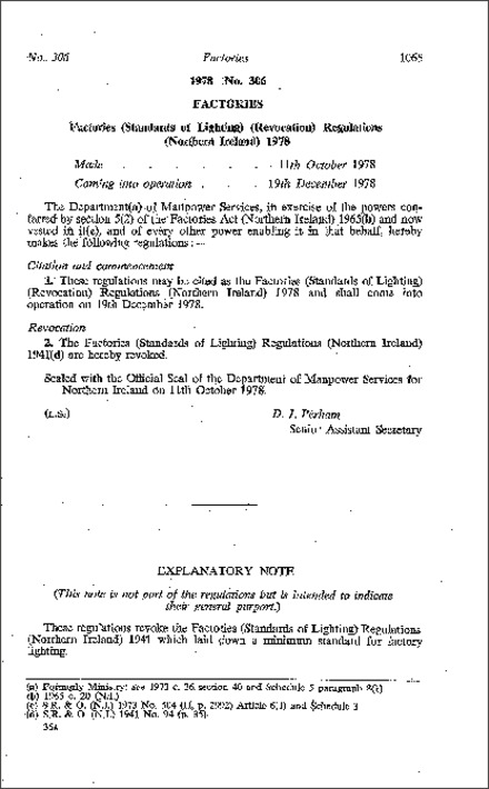 The Factories (Standards of Lighting) (Revocation) Regulations (Northern Ireland) 1978
