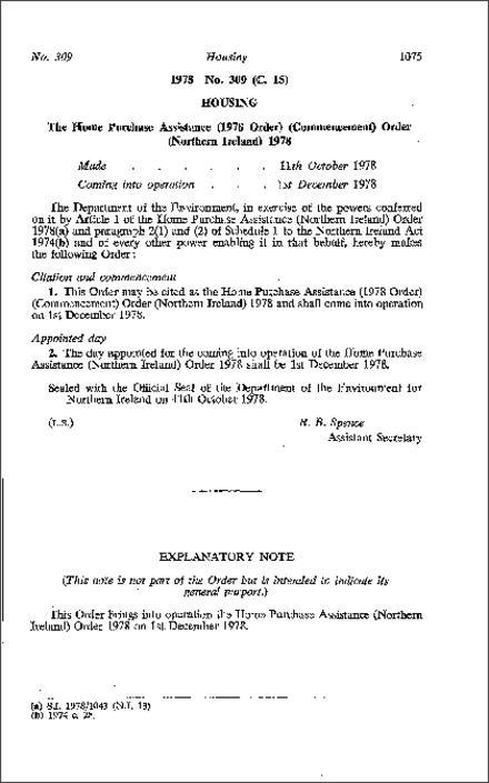 The Home Purchase Assistance (1978 Order) (Commencement) Order (Northern Ireland) 1978