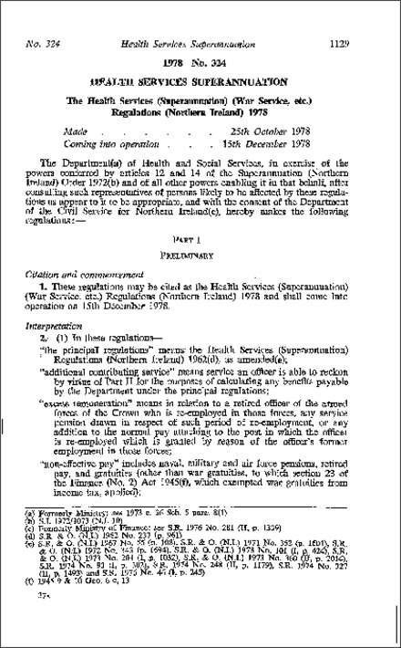 The Health Services (Superannuation) (War Service, etc.) Regulations (Northern Ireland) 1978