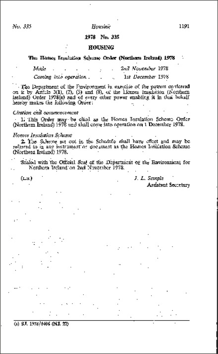 The Homes Insulation Scheme Order (Northern Ireland) 1978