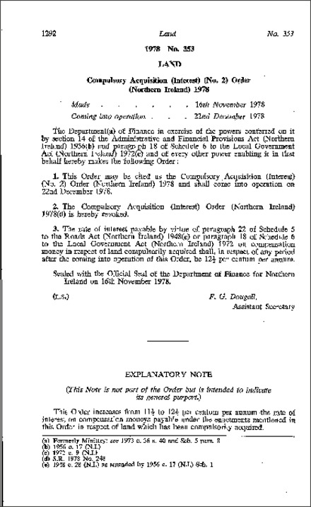 The Compulsory Acquisition (Interest) (No. 2) Order (Northern Ireland) 1978