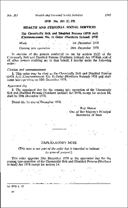 The Chronically Sick and Disabled Persons (1978 Act) (Comm. No. 1) Order (Northern Ireland) 1978