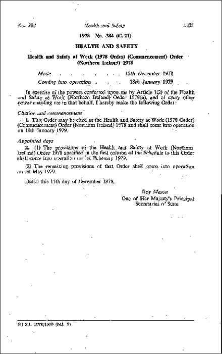 The Health and Safety at Work (1978 Order) (Commencement) Order (Northern Ireland) 1978