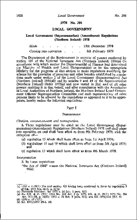 The Local Government (Superannuation) (Amendment) Regulations (Northern Ireland) 1978