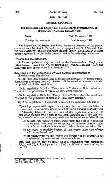 The Contracted-out Employment (Miscellaneous Provisions No. 2) Regulations (Northern Ireland) 1978