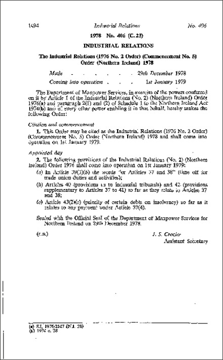 The Industrial Relations (1976 No. 2 Order) (Commencement No. 5) Order (Northern Ireland) 1978