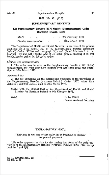The Supplementary Benefits (1977 Order) (Commencement) Order (Northern Ireland) 1978