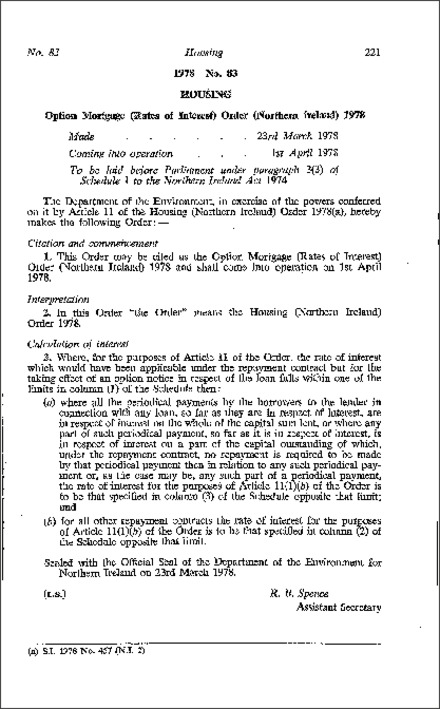 The Option Mortgage (Rates of Interest) Order (Northern Ireland) 1978