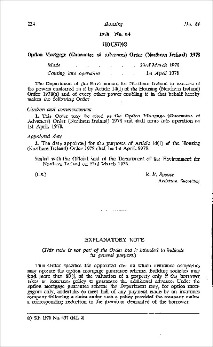 The Option Mortgage (Guarantee of Advances) Order (Northern Ireland) 1978