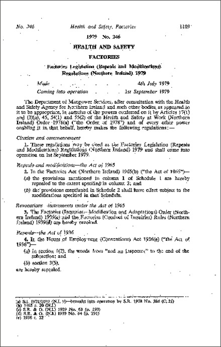 The Factories Legislation (Repeals and Modifications) Regulations (Northern Ireland) 1979