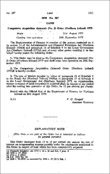 The Compulsory Acquisition (Interest) (No. 2) Order (Northern Ireland) 1979