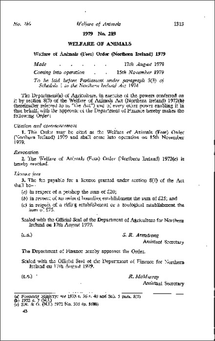 The Welfare of Animals (Fees) Order (Northern Ireland) 1979