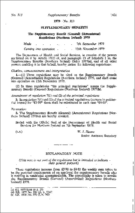The Supplementary Benefit (General) (Amendment) Regulations (Northern Ireland) 1979