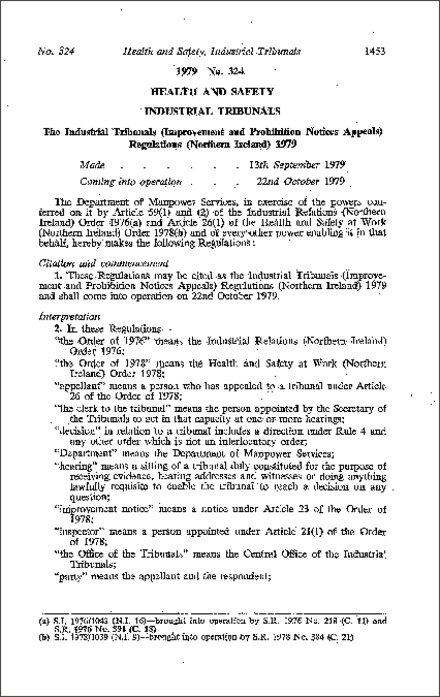 The Industrial Tribunals (Improvement and Prohibition Notices Appeals) Regulations (Northern Ireland) 1979